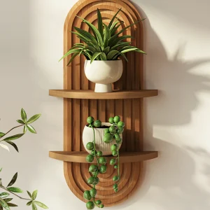 Brown Bamworld Boho Wall Decor 2 Tier Wooden Plant Shelf