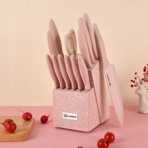 14 Pieces Pink Kitchen Knife Color Block Set