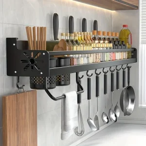 1pc Kitchen Wall-mounted Spice Storage Rack With Hooks